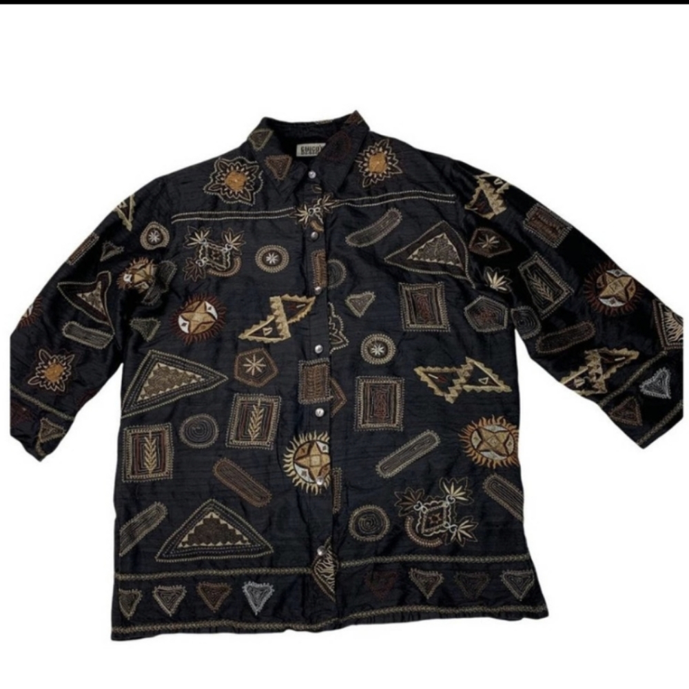 Chico's Black Geometric 100% Silk Button Up Shirt geometric embroidered print